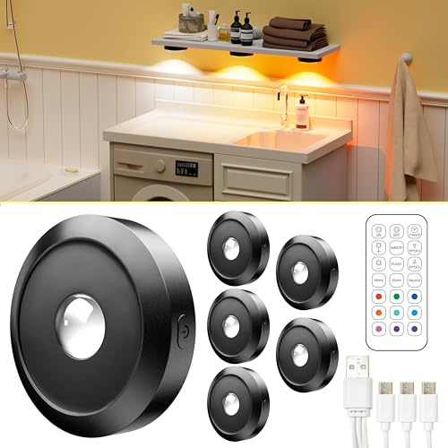 ERSDGG 6 Stück Zum Mini Spot LED Puck Lights - 1500mAh Led Spot Akku, 3000K/4500K/6000K&9 RGB, Dimmbare & zeitgesteuerte Schrankbeleuchtung mit Fernbedienung, 3 Lights Modi