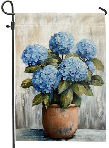 Bandera de jardín de hortensias azules de primavera y verano, letrero decorativo de doble cara para patio, decoración de césped al aire libre para el hogar y fiesta, bandera de temporada estilo
