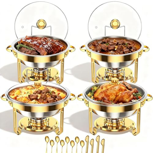 EffiQ-Rate 4 Pack Gold Round Chafing Dish Buffet Set, 5 QT Food Warmer Buffet Server with Clear Lid and Utensils, Stainless Steel Chafing Dishes Food Warmers for Parties, Weddings, Catering Events
