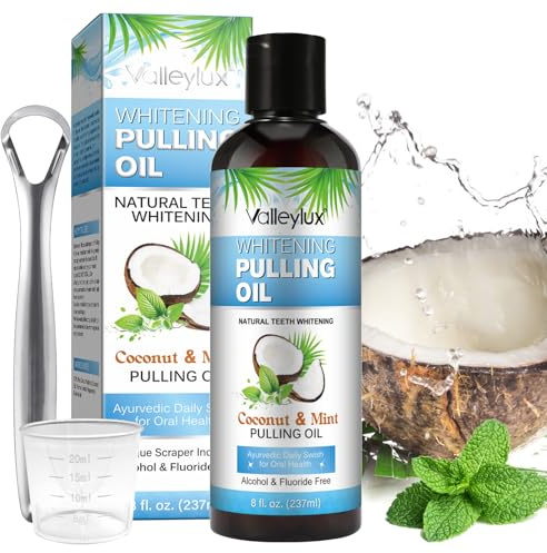 Aufhellendes Kokosöl Mundspülung mit Zungenschaber, Oil Pulling Kokosnussöl Ziehen für die Gesundheit von Zähnen und Zahnfleisch, Alkoholfreies Minzöl Mundwasser mit Bio Kokosöl Pfefferminzöl, 237 ml