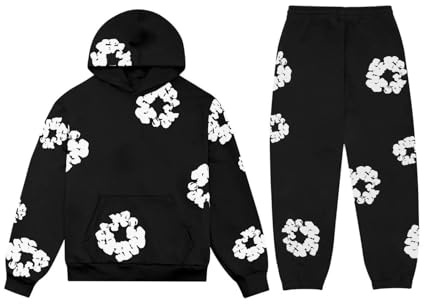 Barley Direct Men’s 1/2 Piece Tracksuit with Hood and Trousers, Hip-Hop Streetwear Style with Foam Print, Sporty and Comfortable Tracksuit(L)