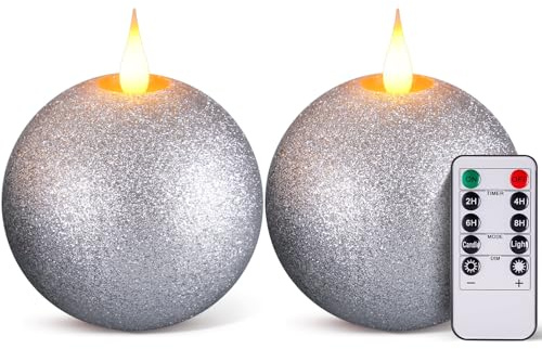 Retisee 2 Pcs Valentines Round Flameless Candles Real Wax with Remote Timer, 4.5″ x 3.8″ LED Glitter Ball Candles Battery Operated 3D Wick Flickering for Valentine's Gift Table Decor(Silver)