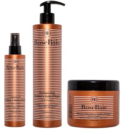 ROSEBAIE | Routine Solaire Argan & Kératine | Cheveux Colorés | Élimine Sable Chlore Sel | Protecteur Solaire | Shampoing 500ml | Masque 500ml | Spray Leave-In Sans Rinçage 200ml