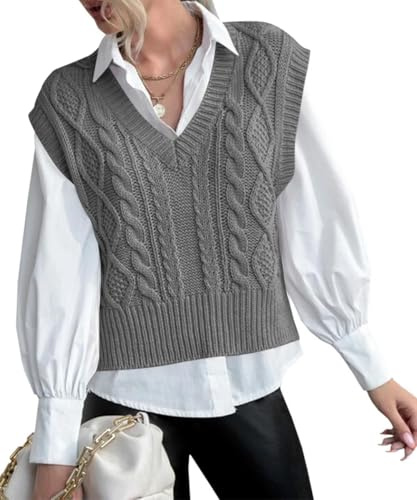 Pullunder Damen Ärmellos V-Ausschnitt Strick Pullover Strickweste Grau S