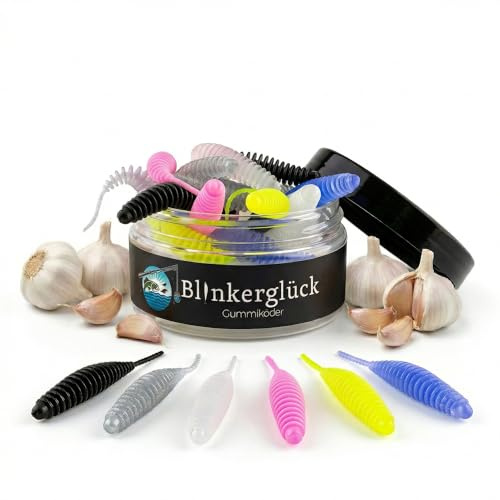 Blinkerglück Troutworm 6 cm – 18 Stück im wiederverschließbaren Tiegel – Softbait Forellenwurm mit feinen Lamellen – Handmade in Germany – 6 Farben, optional Knoblauch- oder Käse-Aroma
