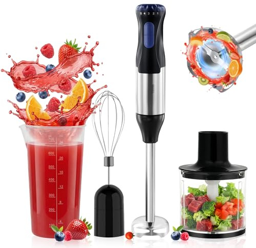 Focenat 1000W Batidora de Mano Multifunción 4 en 1, 5 Velocidades y Modos Turbo, Antisalpicaduras, con Batidor, Picadora de 500 ml, Vaso Medidor de 700 ml, para Carne, Salsas, Papillas y Más