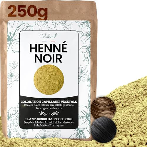 VIRHEA Henné Noir 250g – Coloration Végétale Naturelle Cheveux – Poudre Teinture Indigo – Sans Produits Chimiques Durable
