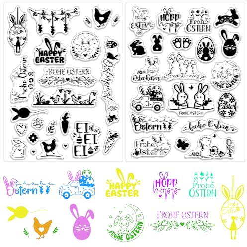 Silikon Stempel Ostern Deutsch 2 Blätter Stempel Frohe Ostern Sprüche Transparente Clear Stamp Ostern OsterHasen Ostereier Silikonstempel Frühling für DIY Bullet Journal Scrapbooking
