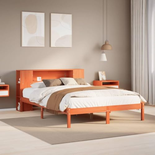 Ordellia Massiv träsäng med hylla utan madrass, vaxbrun, 135 x 190 cm, furu, sängram med ribbotten, förvaringsgavel för sovrum, möbler