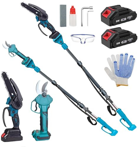 6 Zoll Mini Kettensäge & Akku Elektro Gartenschere,4-in-1 Elektro Hochentaster mit 2 x 4000mAh Akkus,VerläNgerungsstange Bis 2.6m,Bürstenloser Motor,Akku Hochentaster Gartenwerkzeug Set für Baumzweige