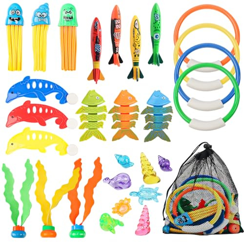 TIVUNORON Giocattolo Subacqueo Per Bambini, Set Di Giocattoli Da Piscina Con Meduse, Delfini, Anelli, Gioielli Marini, Lisce Di Pesce, Siluri E Sacchetto A Rete, Regalo Estivo (Set Regalo A)