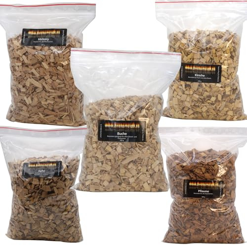 Räucherchips Starterset – Buche, Apfel, Hickory, Kirsche & Pflaume 5×200 g – | BBQ Smoker Holzchips