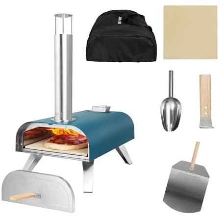 George Foreman Four à pizza d'extérieur portable à granulés de bois de 30,5 cm en bleu sarcelle avec pagaie et sac de transport, four barbecue et fumoir, pieds pliables GFWPPO1BLPC