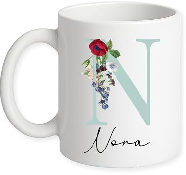 Genérico Taza Personalizada con Inicial Floral y Nombre, Diseño de Flores, Regalo para Madre, Amiga, Hermana, Cuñada, Abuela, Novia, Cerámica Blanca