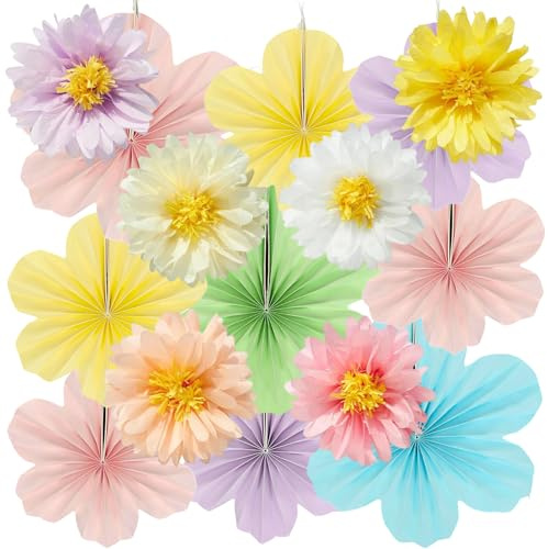 15 Stück Papier Blumenfächer und Papierblumen Papierblumen zum Aufhängen | Pompons Papiers Fächer Dekorationen,Gartenparty Dekoration,für Festival,Hochzeit,Geburtstags Babyshower Frühling Sommer