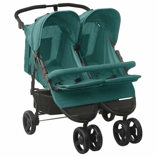GeenYuu Passeggino per fratelli in acciaio verde con schienale regolabile e poggiapiedi, pieghevole, con tettuccio parasole rotondo, paraurti anteriore, cestino, ideale per città, viaggi, vacanze