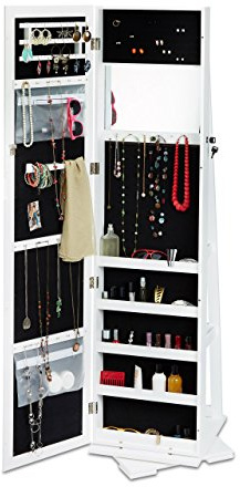 Relaxdays Schmuckschrank weiß mit Spiegel, XXL-Schmuckkasten abschließbar, Spiegelschrank zum Drehen HBT: 161x39,5x40cm