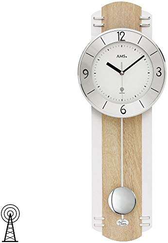 AMS 5291 Wanduhr Funk Funkwanduhr mit Pendel Pendeluhr Holz Sonoma Optik