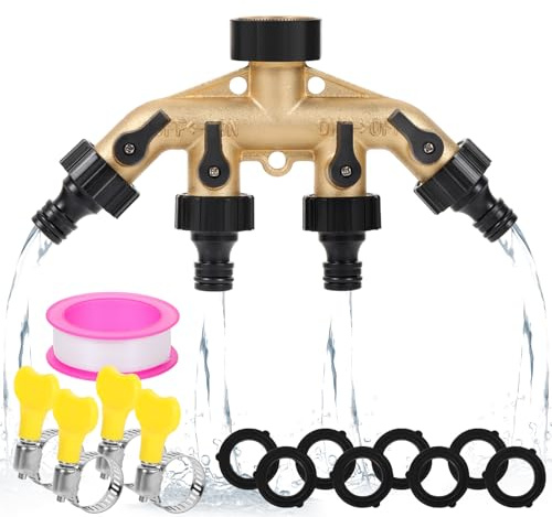 Shogpon 4 Way Solid Brass Tap Connector, Heavy Duty Outdoor Hose Splitter Garden Tap Adaptor Water Pipe Manifold Individual Shut OFF/ON Valve for Garden Watering Lawn Maintenance