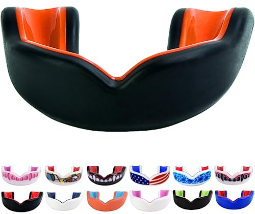 Oral Mart Black/Orange Youth Mouthguard for Kids - Youth Mouthguard for Karate, Flag Football, Martial Arts, Taekwondo, Boxing, Football, Rugby, BJJ, Muay Thai, Soccer, Hockey (with Free Case)