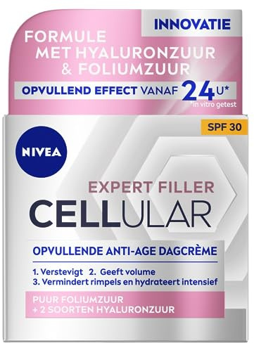 NIVEA Cellular Expert Filler - Soin Visage Anti-Age Repulpant FPS30 - Crème De Jour - Hydrate, Raffermit & Réduit Les Rides - Acide Hyaluronique & Acide Folique Pur - Tous Types De Peaux - 50 ml