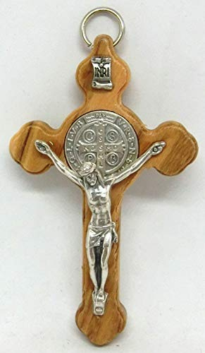 GTBITALY 10.030.91 Croix de Saint Benoît en bois d'olivier Inri avec anneau Taille 8 cm en forme de fleurs Décoration de salon