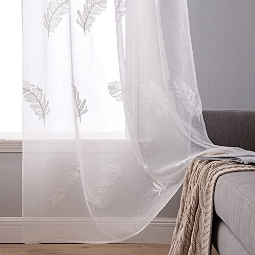MIULEE Gardinen 2er Voile Federstickerei Ösen 140x215cm Weiß | Transparente Voile mit edler Blumen- oder Federstickerei und Ösen, lichtdurchlässig & dekorativ für Wohn- und Schlafzimmer