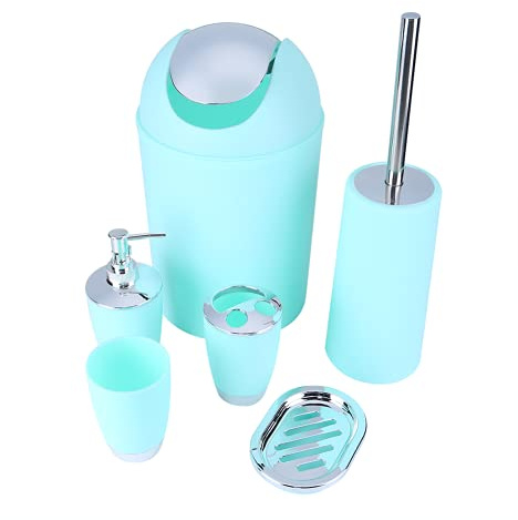 Ejoyous 6 Stücke Badezimmer-Set Türkis, Badzubehör Set Bad Zubehörset mit Lotionspender, Mülleimer, Zahnbürstenhalter, Zahnputzbecher, Toilettenbürste und Seifenschale