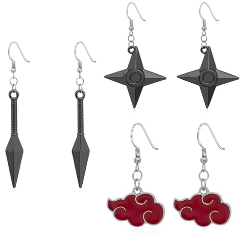 XHBTS Lot de 3 paires de boucles d'oreilles classiques - Nuage rouge - Pour cosplay - Accessoire de cosplay - Pour les amateurs d'anime, Métal