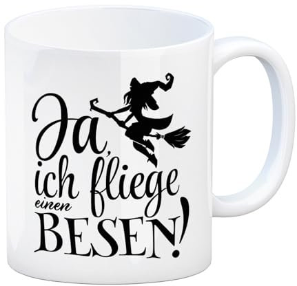Kaffeebecher mit witzigem Hexenmotiv zu Halloween - Ja, ich fliege einen Besen für Zauberinnen mit übermenschlichen Fähigkeiten die der Außenwelt zeigen wollen das sie auf einem