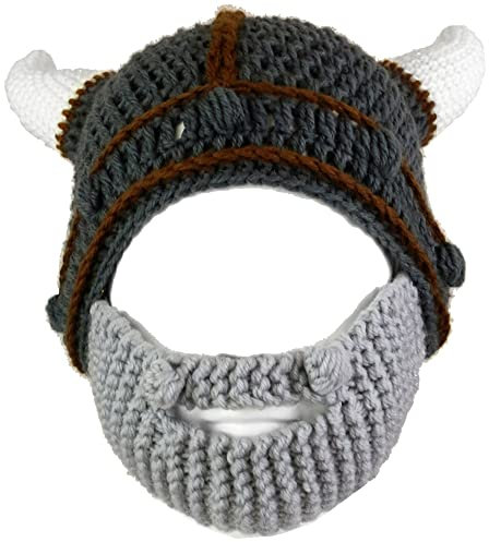 YEKEYI Handgefertigter Strickhelm und abnehmbarer Barbar-Ritter-Strickmütze, Wikingerhörner, Beanie, lustige Mütze, grau, S