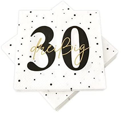 20 Servietten zum 30. Geburtstag 33x33 cm - weiß schwarz gold