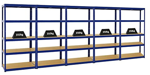 PROREGAL Mega Deal 5er-Set Schwerlastregale Slim Elephant 180x90x45cm mit 5 Ebenen Fachlast 350kg Blau