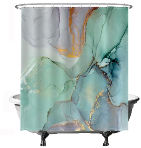 Ulticool Duschvorhang - Marmor Grün Blau Aquarell - 180 x 200 cm – Waschbar – Anti Schimmel - Wasserdicht - mit 12 Ringe