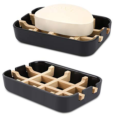 Fufengz Bamboo Wooden Soap Dishes for Shower with Drainage for Bathroom Bar Soap Holder Soap Holder Sink Deck Bathtub Shower Tray (One Pieces Black)