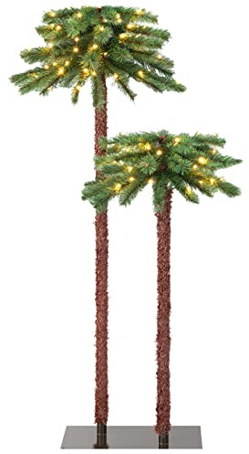 GYMAX Palmera de Navidad Doble, 152,5 cm + 107 cm, Palmera Artificial con 100 Luces LED Blanco Cálido, Árbol Decorativo con 84 Puntas, Soporte de Metal, para Hogar, Jardín