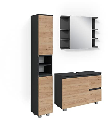 Vicco Set mobili bagno J-Shape, Grigio, 80 cm, composto da mobile sottolavabo, specchiera e colonna alta