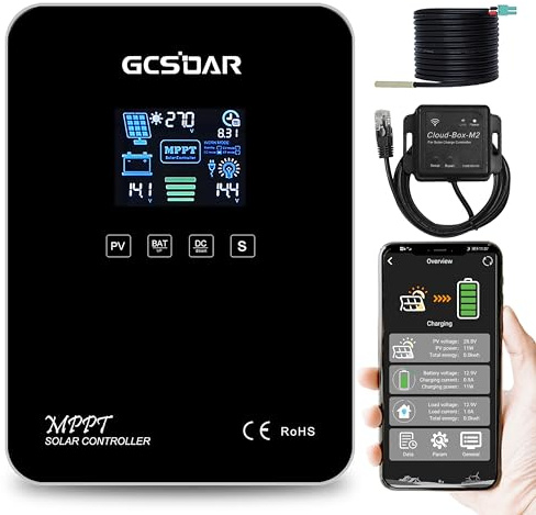 GCSOAR MPPT Laderegler 60A 12V 24V Auto Solarmodule Regler Max PV 100V Ladegerät LCD Display mit WiFi Modul APP Fernsteuerung und Temperaturfühler kabel (MPPT 60A + Cloud Box M2)