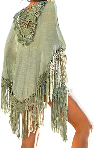 CUPSHE Dam täckande kimono boho frans öppen framsida långärmad sexig strand täckande ledig sommar, gRÖN, en storlek