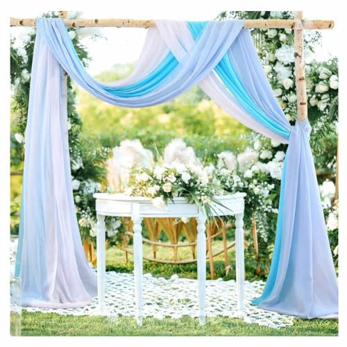 SHTGOI Hochzeitsbogen Vorhang 3 Paneele Chiffon Querbehang Freihanddeko Hintergrund Tülldekostoff 75 * 300cm Hochzeit Vorhänge Gardine für Zeremonie Party Arbor Torbogen Fenster Deko Blau Serie