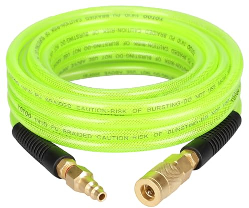 YOTOO Reinforced Polyurethane Air Hose 1/4 Inner Diameter by 25' Long, Flexible, Heavy Duty Air Compressor Hose with Bend Restrictor, 1/4 Swivel Industrial Quick Coupler and Plug, Green