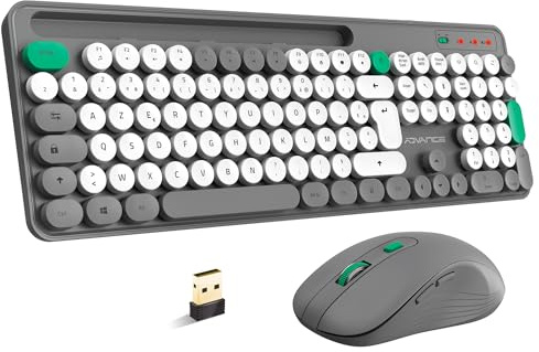 AD Advance - PEP'S, Ensemble Clavier et Souris sans Fil, Touches Rondes et Clics Ultra Silencieux, Connexion Wireless 2.4GHz, Design Machine à Écrire, Pavé Numérique, Support Smartphone Inclus, Gris
