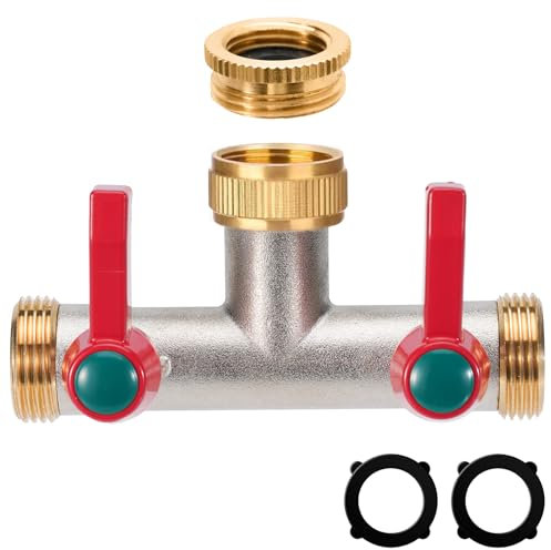 iBamso 2-Wege Verteiler, 1/2 Zoll und 3/4 Zoll Schlauchverteiler aus vernickeltem Messing, zum Anschluss 2 Geräten Gartenschlauch Adapter Verlängerter Griff, für Garten Bewässerung Wasserhahn