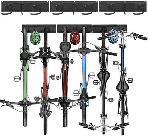 TUAKIMCE Bike Wall Rack,6 Bicycles Bike Wall Mount Garage Organizer & 5 Helmet Hooks,Adjustable Bike Storage Rack for Garage or Home Space Saving