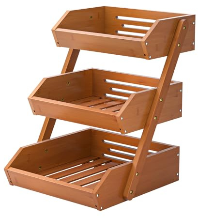 CALM COZY Soporte de bambú para Cesta de Frutas, 3 Niveles Estante para Frutas,Cesta de Almacenamiento de Pan, Soporte para Verduras para encimera de Cocina,Marrón