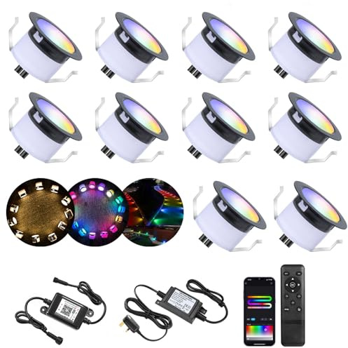 RGBWW LED Decking Lights,WiFi LED Deck Lights RGBIC Dreamcolor IP67 Waterproof Ø31MM 12V Work with Alexa/Google Assistant,Led Plinth Lamps Chasing Effect for Yard,Garden,Patio,Stair Decor-10 Pack