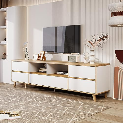 MURUL - Mueble bajo para televisión, mueble de salón en blanco y tonos madera. Puertas en estilo rústico natural y compartimentos