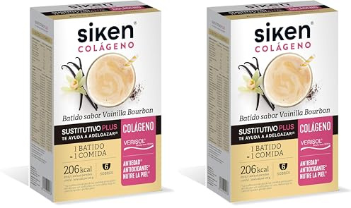 Siken Colágeno - Batido Sustitutivo Plus con Colágeno para el Control de Peso, Sabor Vainilla Bourbon - Estuche con 6 Sobres de 50 g (Paquete de 2)