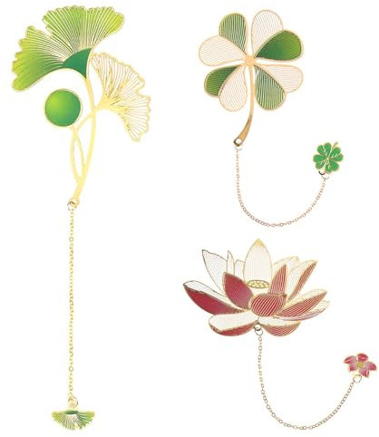 Neoreser 3 Pcs Metal Marque-Page Pendant Bookmark, Fleur Marque Page, 3D Feuille Signet pour Amateurs de Livres Lecteurs Adolescents Femmes Hommes (Lotus, Ginkgo, Trèfle à Quatre Feuilles)