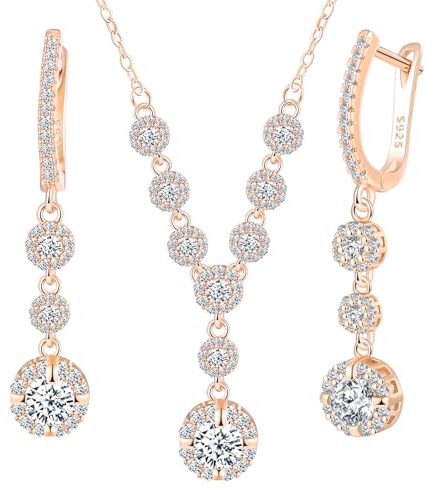 MicLee Collane ciondoli e orecchini di zirconi scintillante per donna: Parure di gioielli in argento 925 - Collana e orecchini di diamanti - Gioielli da sposa eleganti - Gioielli per feste oro rosa